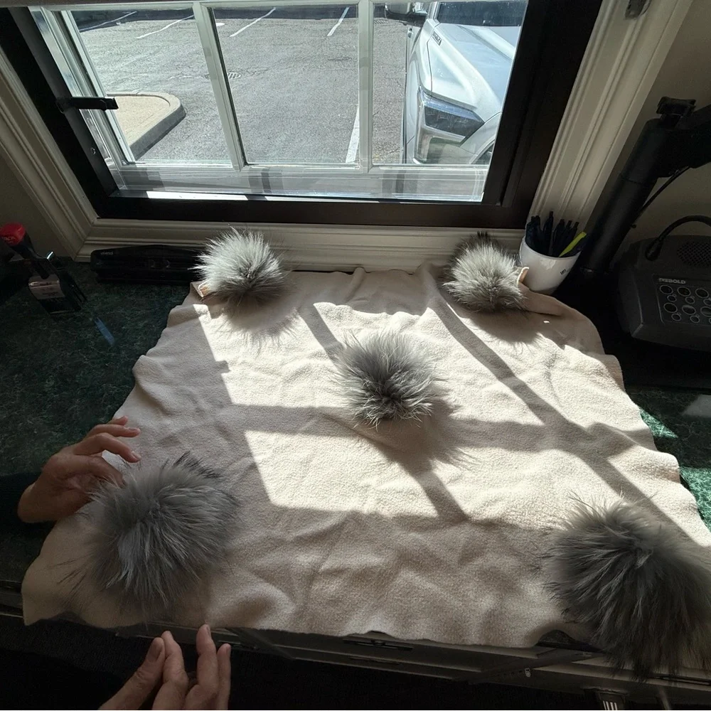 Cream stroller blanket with Gray Fur Pom Poms